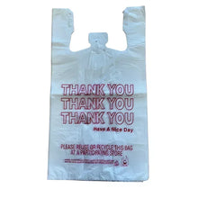 White T-shirt style thank you carry-out bag with red 'THANK YOU' text