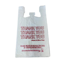 White plastic thank-you carry-out bag with red THANK YOU text and reuse instructions