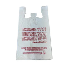 White T-shirt style thank you carry-out bag with red 'THANK YOU' and recycle note