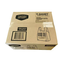 Thank-you T-shirt carry-out bag box, bottom/side with barcode and 1000 bags
