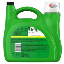 Green laundry detergent jug back label with barcode and caution text