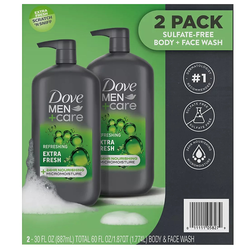 Dove Men+Care, Body + Face Wash, Refreshing Extra Fresh, 2 pk./30 fl. oz. - USA MEGA SHOP