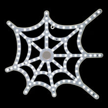 LED spider web yard light with glowing white bulbs on a metal frame, arched spokes