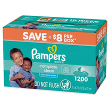 Pampers baby wipes box front and side, teal and orange complete clean 1200 wipes
