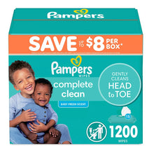 Pampers baby wipes box front, 'gently cleans head to toe' badge, 1200 wipes