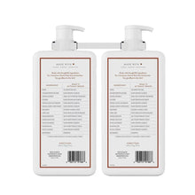 Nourishing body wash bottles with pump, back labels with ingredients, directions, barcode