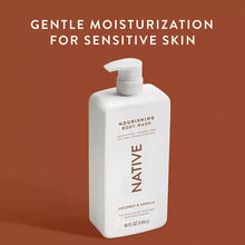 Nourishing body wash bottle with pump, coconut and vanilla, white plastic bottle