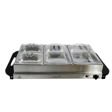 Stainless buffet food warmer with three removable hot trays and black side handles