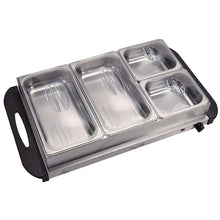 Stainless buffet food warmer with three metal warming compartments and lifting handles