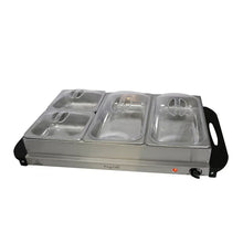 Stainless buffet food warmer with three warming trays and adjustable temperature knob