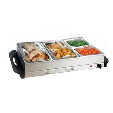 Stainless buffet food warmer filled with three food trays: meat, carrots, and vegetables