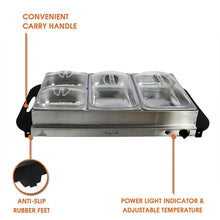 Stainless buffet food warmer with rubber feet, power light indicator, and temperature control