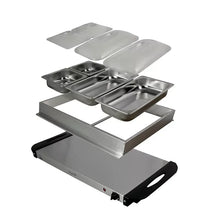 Stainless buffet food warmer with open lid and removable sectional trays