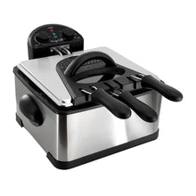 Stainless steel electric deep fryer with black lid and control panel, dual fryer baskets