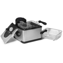 Stainless steel electric deep fryer with open lid, fryer basket, and draining rack