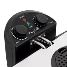 Black control panel with heat, timer, and power knobs on a deep fryer
