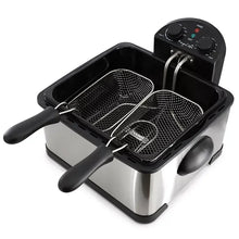 Electric deep fryer with two wire baskets and black handles, open lid