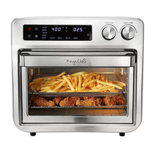 Digital air fryer oven with open door and visible French fries