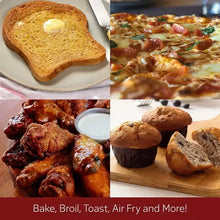 Digital air fryer oven with baked goods and roasted dishes on trays