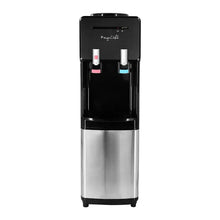 Black and stainless top-load hot and cold water dispenser with two dispensing taps.