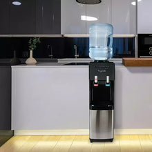 Black and stainless top-load water dispenser with bottle and two dispensing taps.
