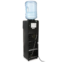 Black top-load water dispenser shown from the back with two front taps.