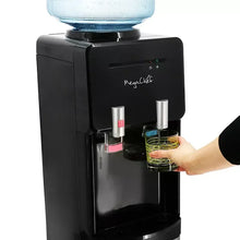 Front view of black top-load water dispenser with bottle and two dispensing levers.