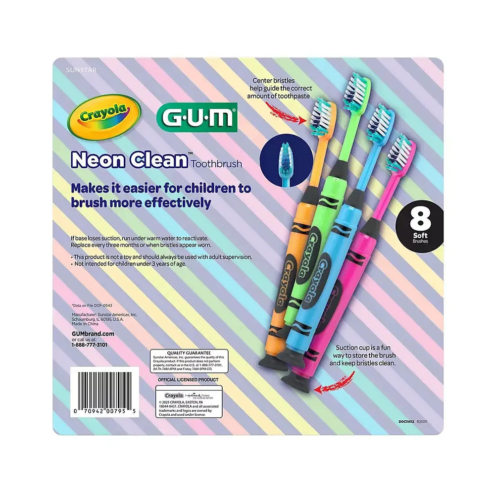 Gum Crayola Neon Clean Children's Toothbrush, Soft Bristled Kids Toothbrush Set, Age 3+, 8 ct. - USA MEGA SHOP