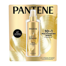Hair multitasking spray + keratin bottle with gold pump cap, 10-in-1 front label