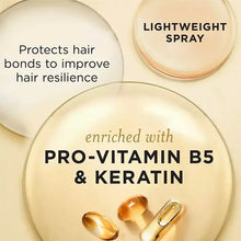 Lightweight spray label: Pro-Vitamin B5 & Keratin with circular seal graphic