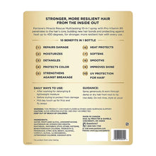 Hair multitasking spray back label with 10 benefits and daily usage instructions