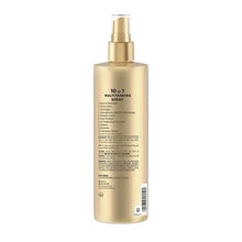 Hair multitasking spray bottle with gold pump cap and back nutrition/claims panel