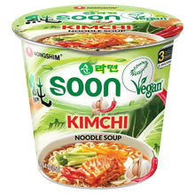 Kimchi noodle soup cup with vegan logo and 3-minute microwave icon