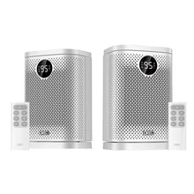 Ceramic space heater pair with circular LED display, perforated grille, and remote controls