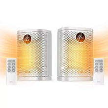 Ceramic space heater pair with warm-lit grille and LED temperature display, plus remotes