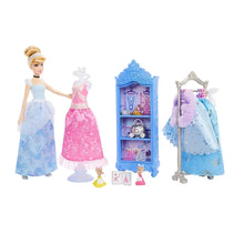 Princess doll set with light-blue and pink dresses, wardrobe cabinet, and small figures