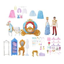 Cinderella accessory set with carriage, dolls, dresses, wardrobe, and play parts