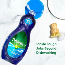 Palmolive Oxy dish liquid soap bottle, blue, with dish brush, Tackle Tough Jobs