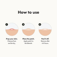 Acne patch use steps graphic: prep, place, peel off after 6–8 hours