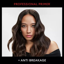 Woman with long dark hair and anti breakage promo text