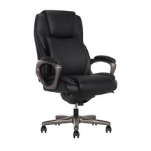 Black executive office chair with cushioned seat and back, rounded padded armrests