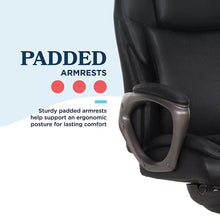Black executive office chair with padded armrests and contoured side supports