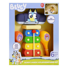 Toy xylophone band set in colorful wooden blocks, packaged in Bluey box