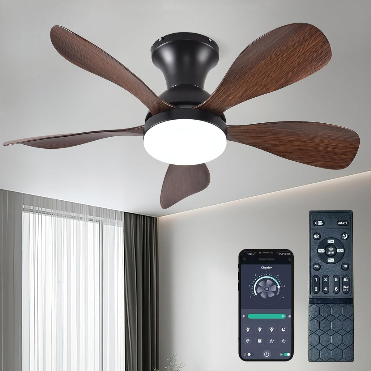 33In Low Profile Ceiling Fans with Lights and Remote/APP Control,Modern Flush Mount Ceiling Fan with 5 Reversible Blades for Outdoor Patio,Small Room,Bedroom(Black+Brown
