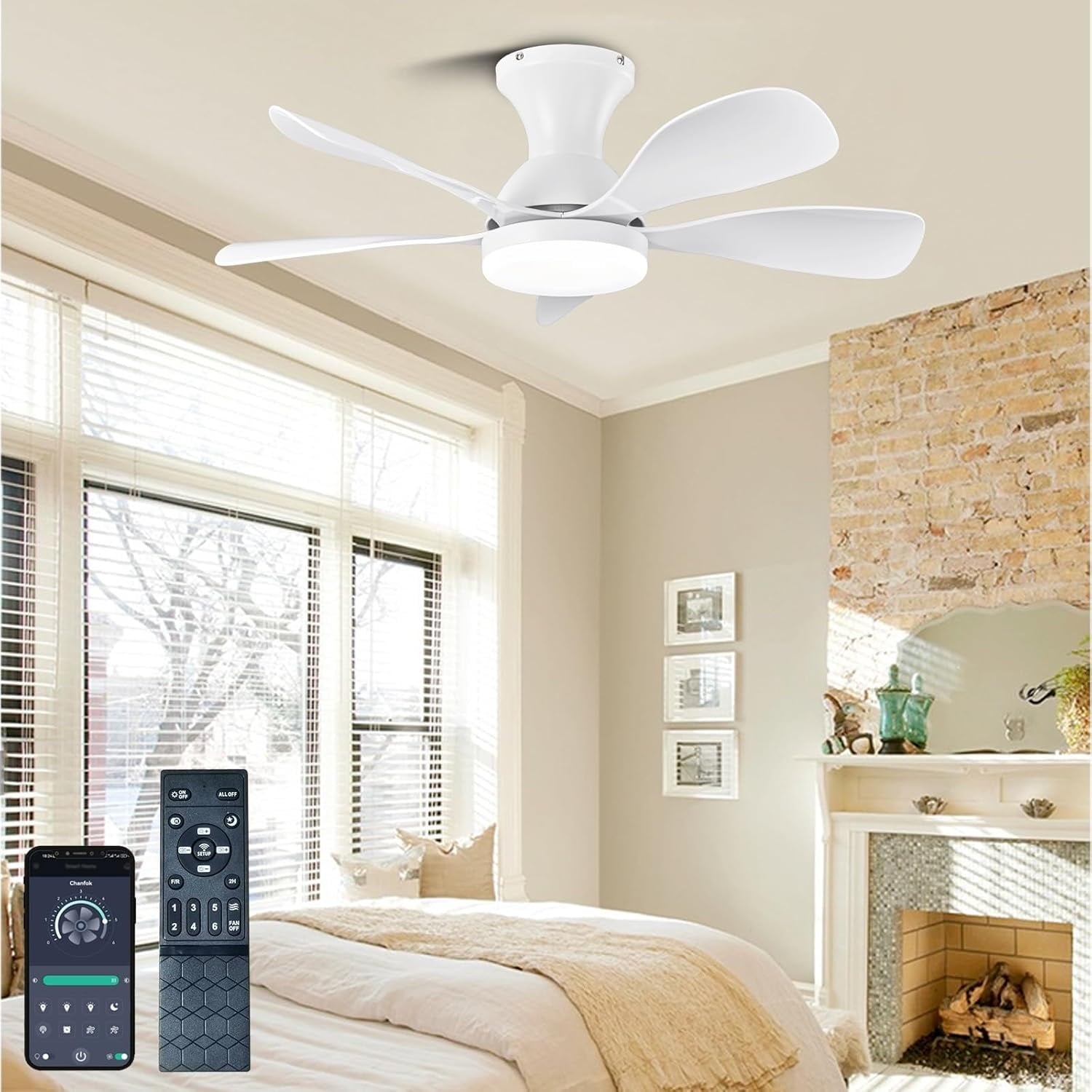 33In Low Profile Ceiling Fans with Lights and Remote/APP Control,Modern Flush Mount Ceiling Fan with 5 Reversible Blades for Outdoor Patio,Small Room,Bedroom(Black+Brown