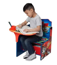 Kids chair desk with storage bin, orange tabletop, blue chair frame, PAW Patrol side panels