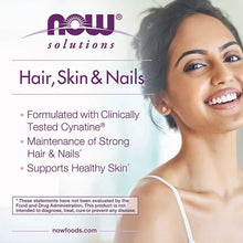 Hair, skin & nails supplement info card with smiling woman and NOW Solutions logo
