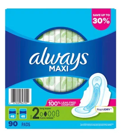 Always Long and Super Maxi Pads with Flexi-Wings Multipack, 90 ct.
