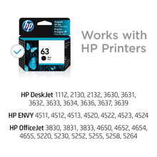 HP 63 ink cartridge box with checkmark and “Works with HP Printers” compatibility text