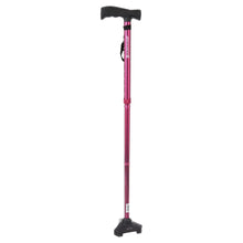 Folding walking cane standing upright with T handle and red metallic shaft